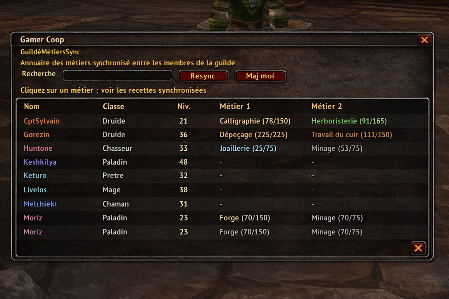 Addon WoTLK GuildeMetiersSync pour voir les métiers et recettes de guilde